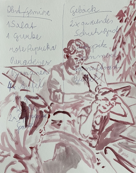 4.Liebe Mama,  2020, Acryl, Kugelschreiber auf Papier, 50 x 40 cm