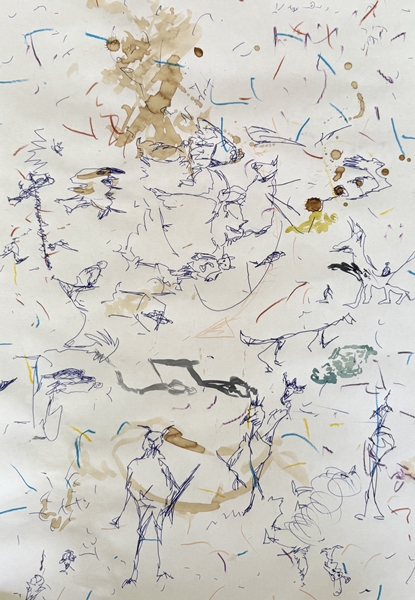 Chaos…, 2025, Kugelschreiber Kaffee auf Papier, 60x42cm