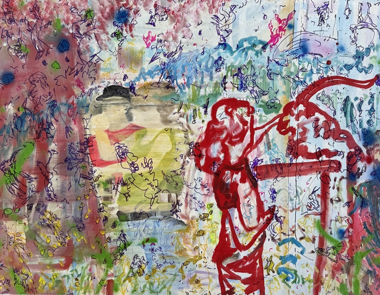 Gespräch…, 2025, Mixed Media auf Leinwand, 74x104cm