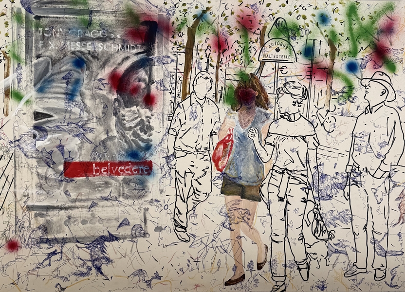 Haltestelle Flimmer, 2025, Mixed Media auf Leinwand, 74x104cm