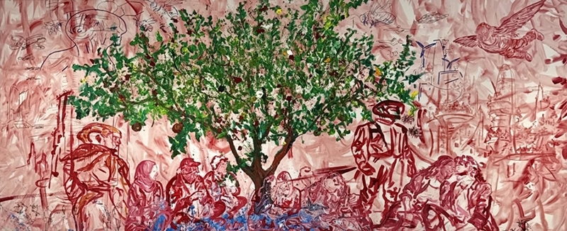 Im Besitz der Sparkasse Oberösterreich, Heute für morgen aus der Serie Manege Leben, 2026, Mixed Media auf Leinwand, 150 x 360 cm