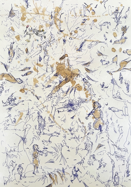 Planet Spiel, 2025, Kugelschreiber Kaffee auf Papier, 60x42cm