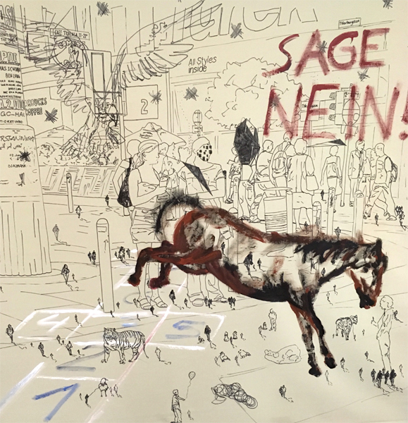 SAGE NEIN!, Mixed Media auf Rollo, 200×200cm, 2018