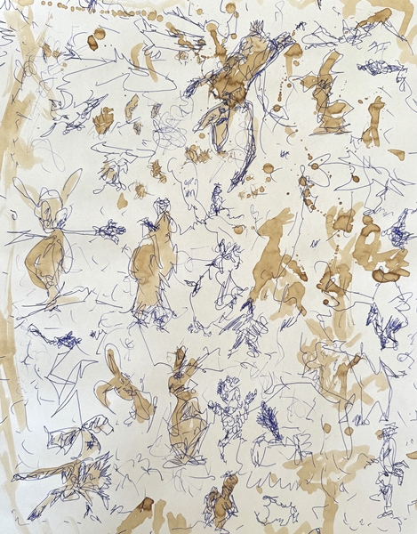 Schattentanz, 2025, Kugelschreiber Kaffee auf Papier, 50x40cm