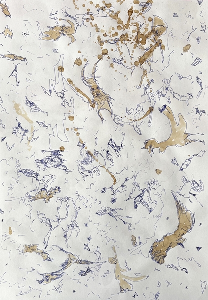 Tagtraum, 2026, Kugelschreiber,Kaffee auf Papier, 59,5 x 42cm