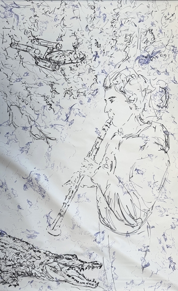 Und Beat den Biss, 2025, Permanent Marker Kugelschreiber auf Rollo, 150x100cm