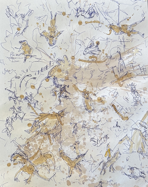 Zick Zack Neonritter, 2025, Kugelschreiber Kaffee Wein auf Papier, 50x40cm